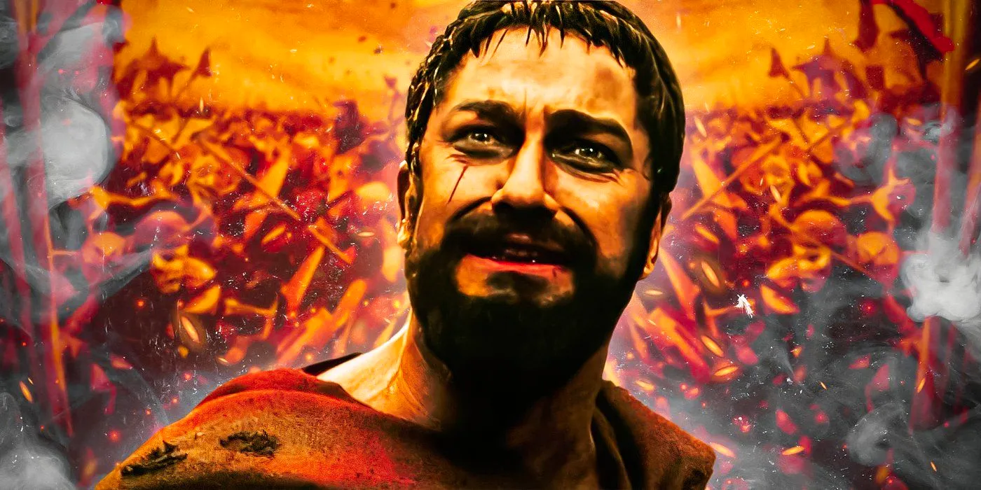 Leonidas (Gerard Butler) with a pained expression in front of Persian warriors in 300 Image