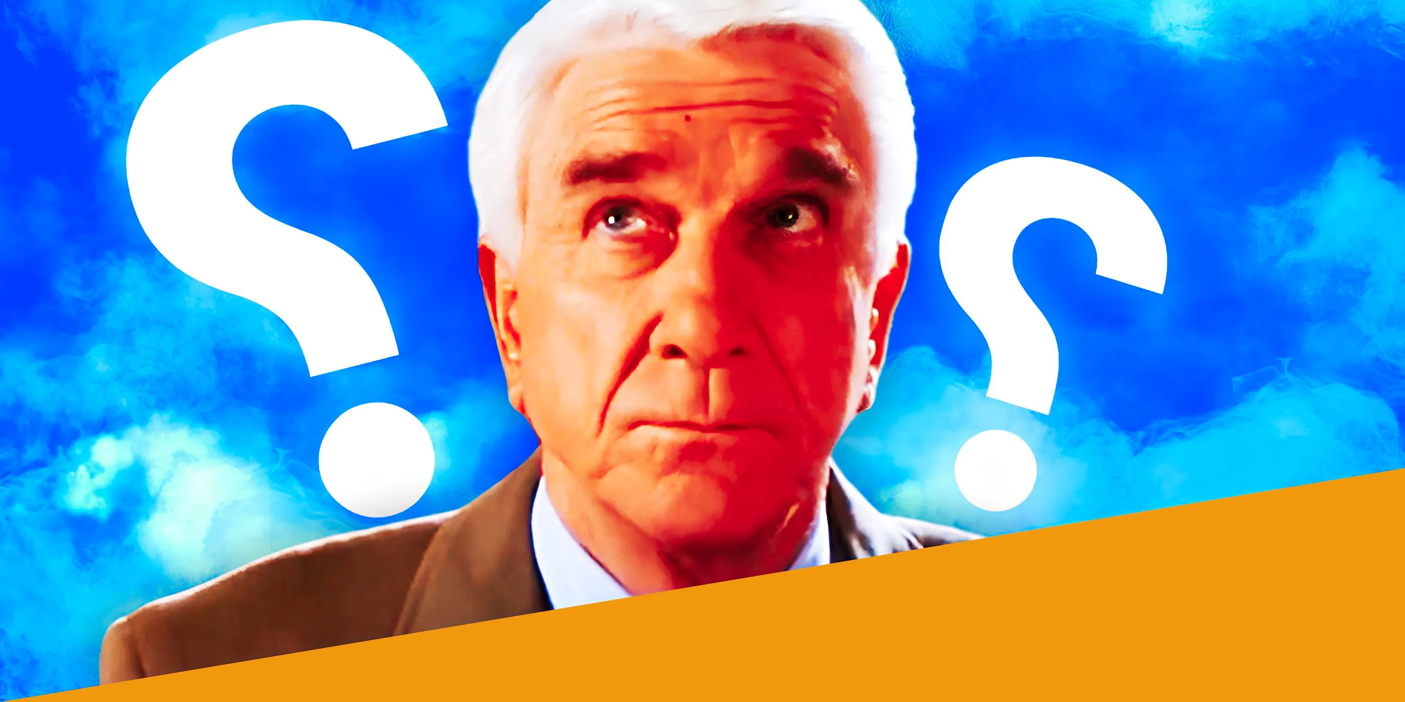 Leslie Nielsen in Naked Gun Next to Question Marks Image