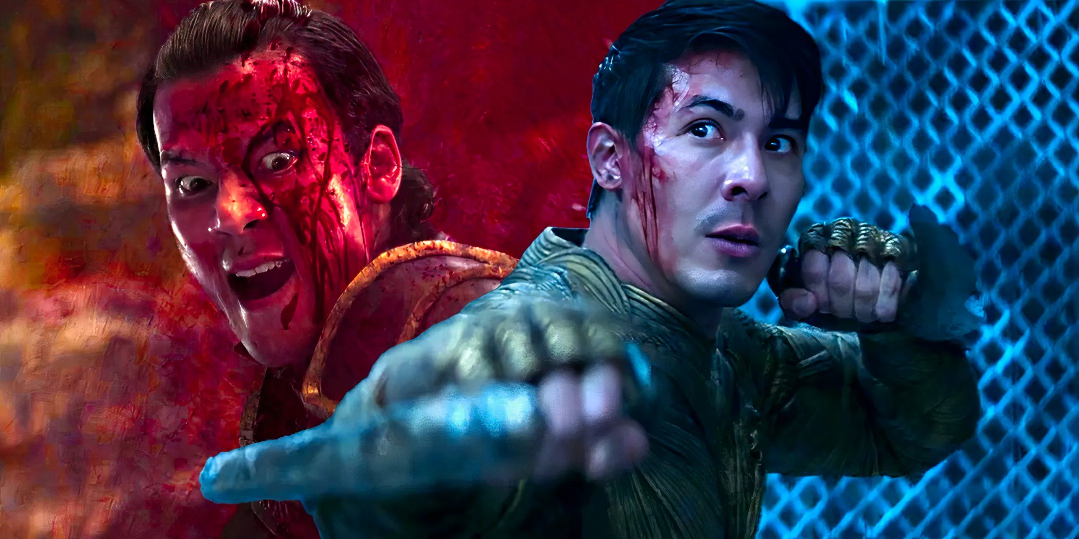 Lewis Tan as Cole in a fighting position and Max Huang as Kung Lao screaming with blood on his face in Mortal Kombat Image