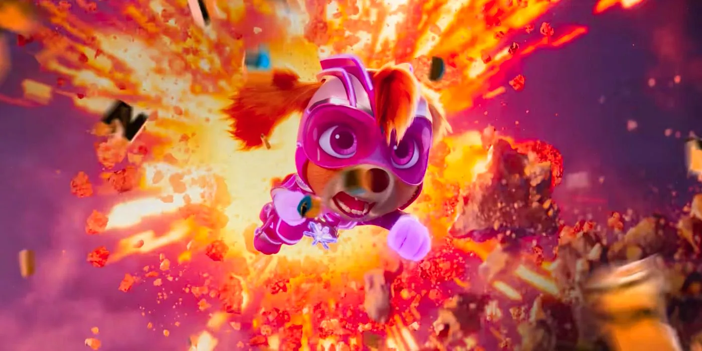 Liberty jumping out of an explosion in PAW Patrol The Mighty Movie Image