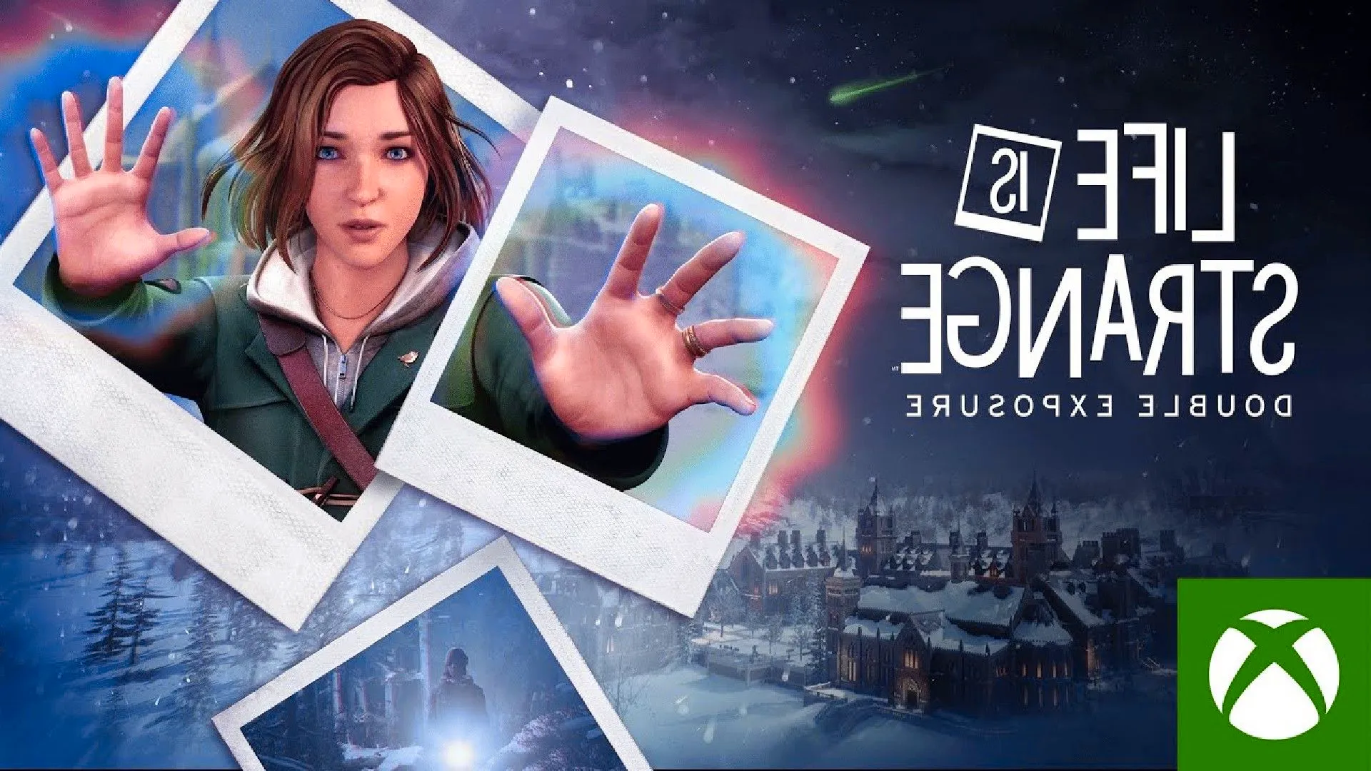 Life Is Strange: Max holds her hands up to the player on a snow-covered small town background.  Image