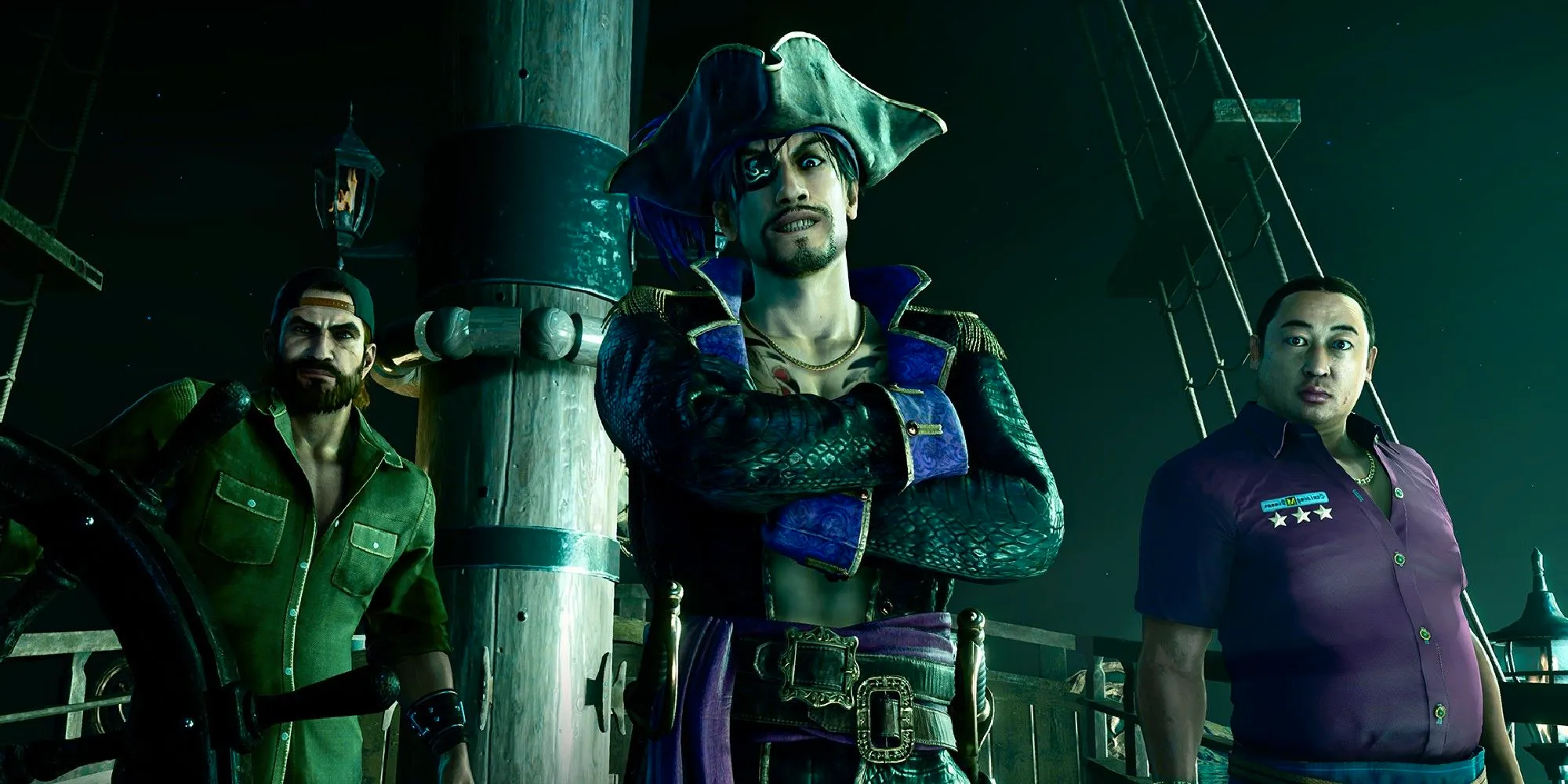 Like a Dragon: Pirate Yakuza in Hawaii: a screenshot of three pirates in the dark with arms folded, looking menacing. Image