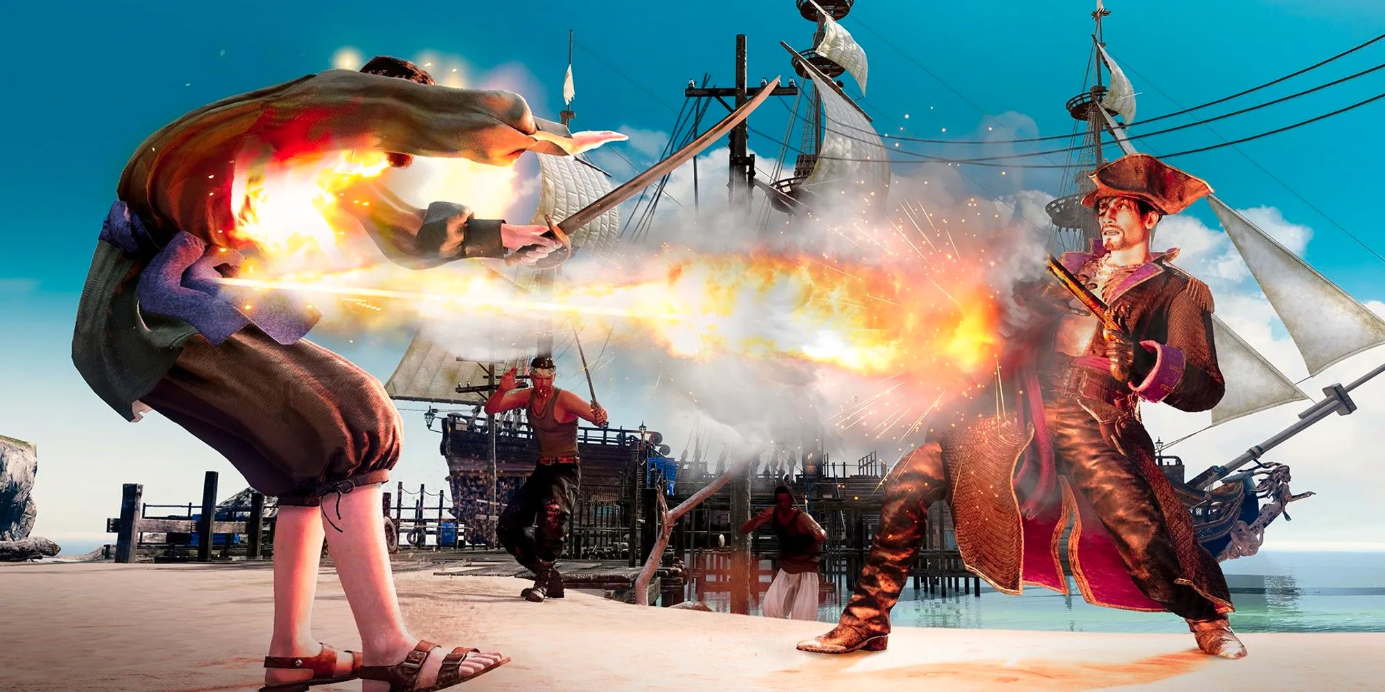 Like a Dragon: Pirate Yakuza in Hawaii screenshot showing two pirates shooting each other with fire pistols on a beach. Image