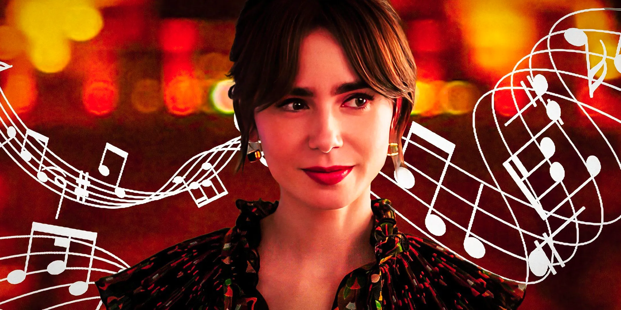 Lily Collins as Emily Cooper looking worried in Emily in Paris with musical iconography behind her Image