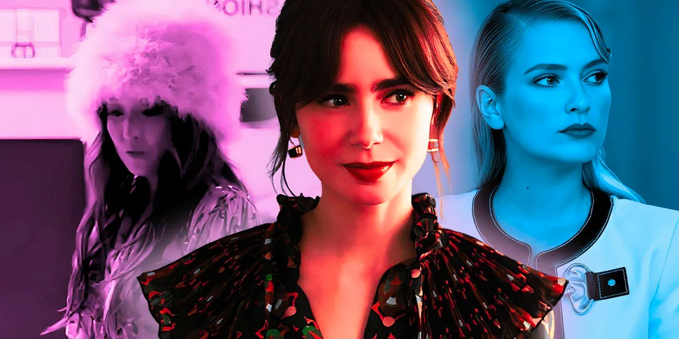 Lily Collins as Emily with Camille (Camille Razat) and Mindy (Ashley Park) behind her in Emily in Paris season 4 Image