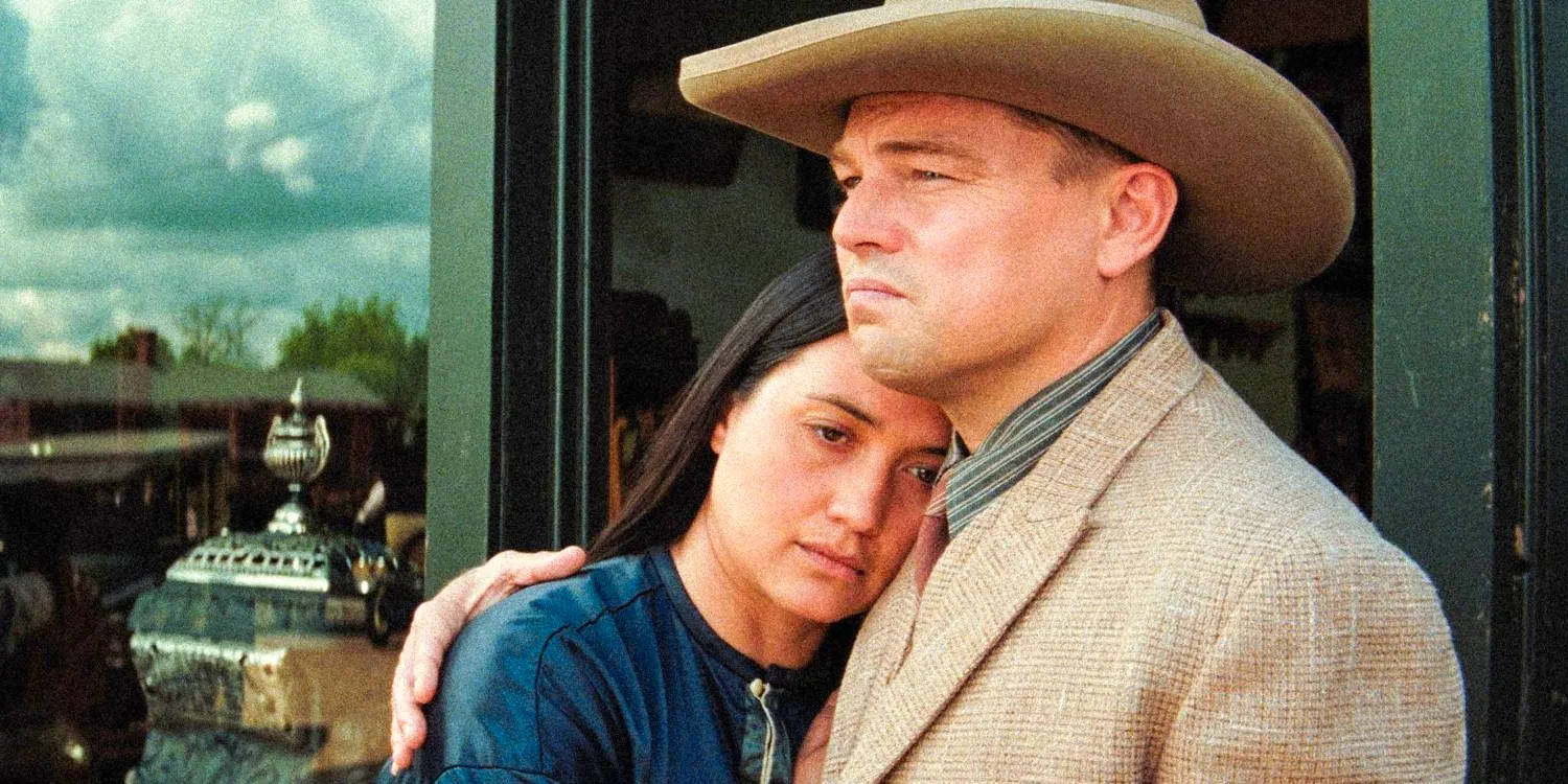 Lily Gladstone as Mollie Burkhart and Leonardo DiCaprio as Ernest Burkhart in Killers of the Flower Moon. Image