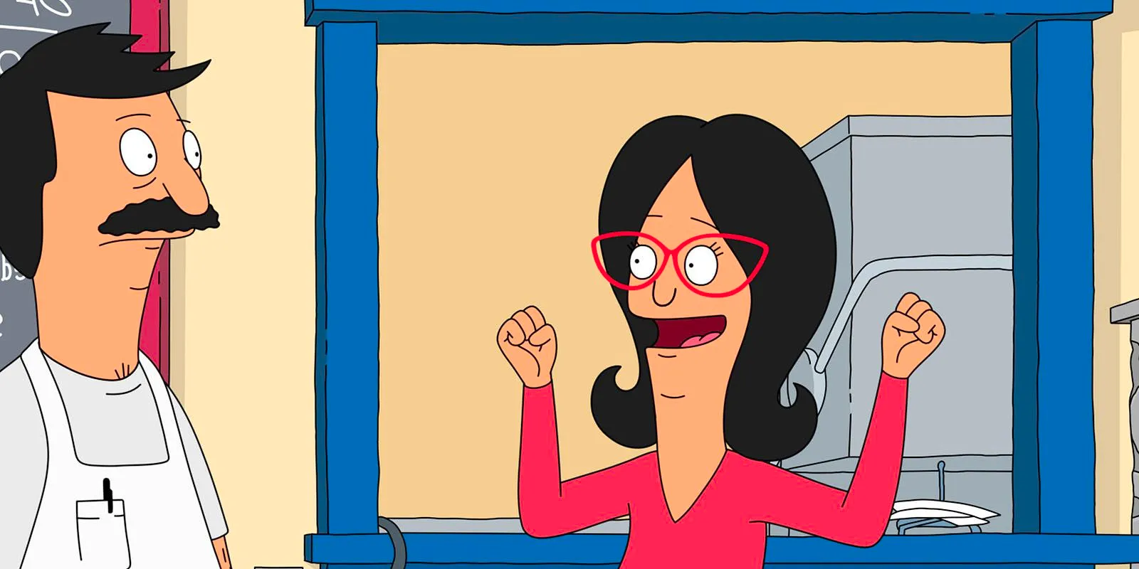 Linda exclaims with her arms up in the air as Bob looks on shocked in Bob's Burgers Image