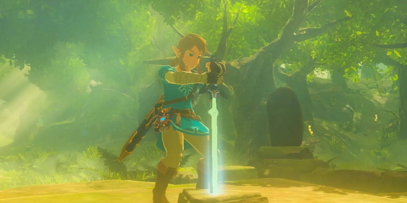 Link attempting to pull out the Master Sword in Breath of the Wild. Image