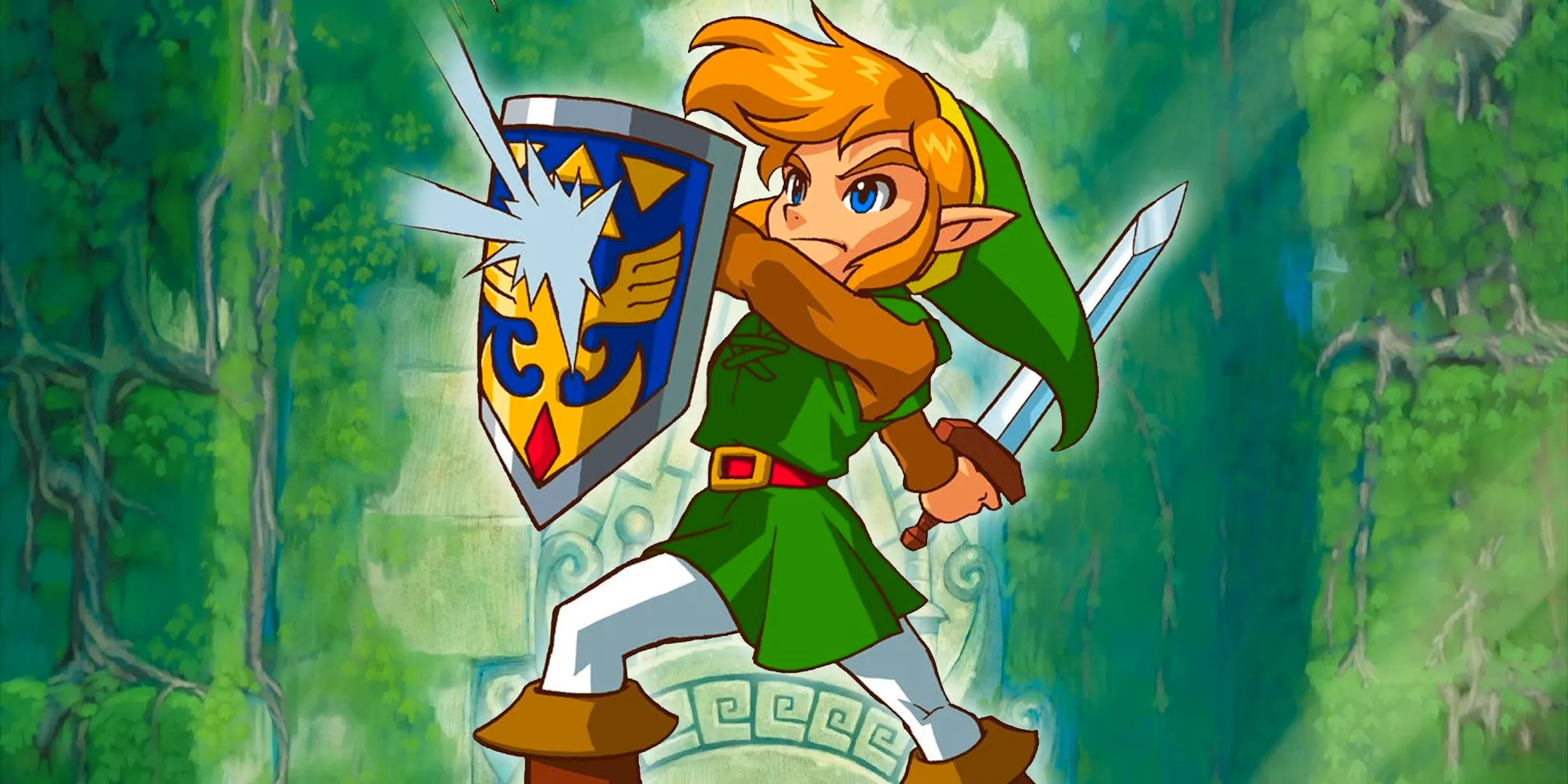 Link from the Zelda Oracle games in front of art from Four Swords. Image