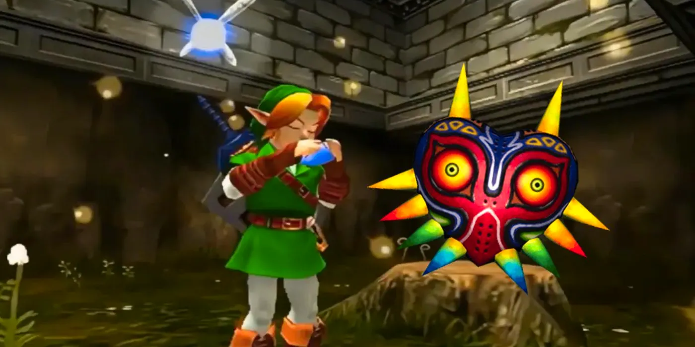 Link In Ocarina Of Time With Navi And Majora's Mask sitting on a nearby tree stump Image