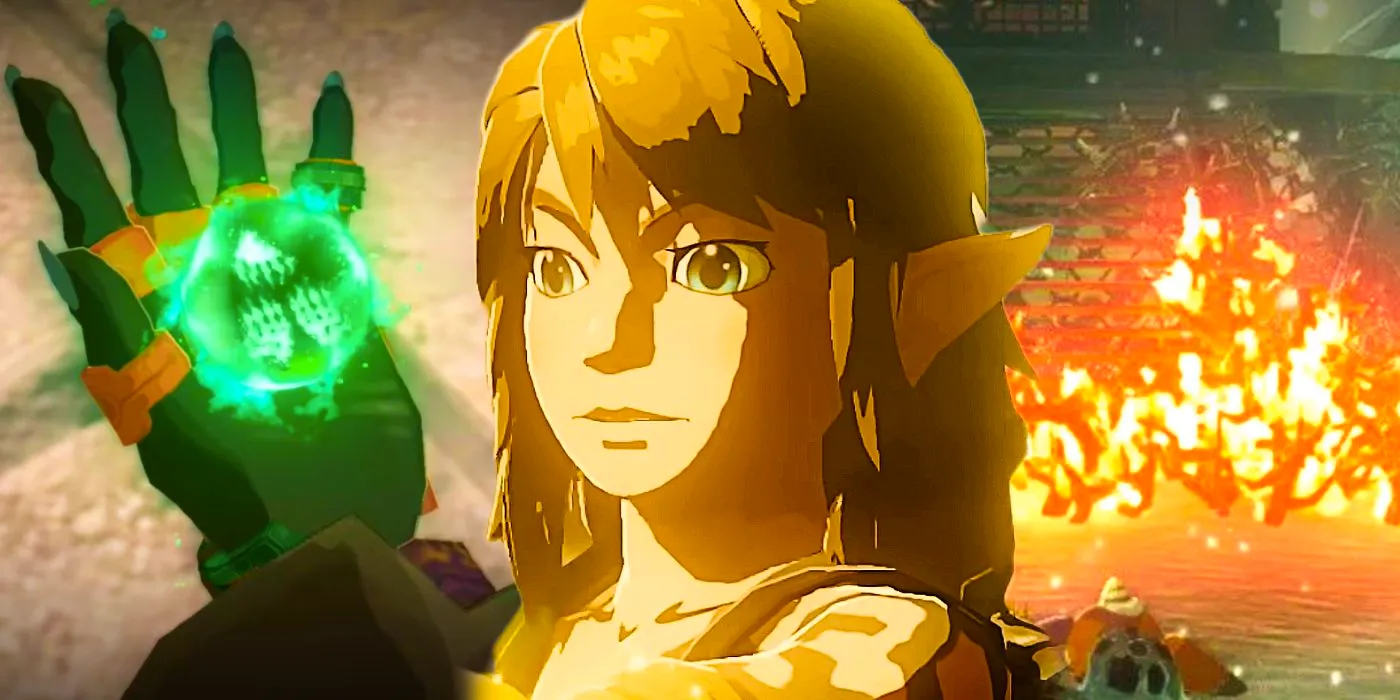 Link in Zelda: Tears of the Kingdom looking shocked as a fire blazes behind him on his left, and his right hand is holding a glowing green orb of light on the right. Image