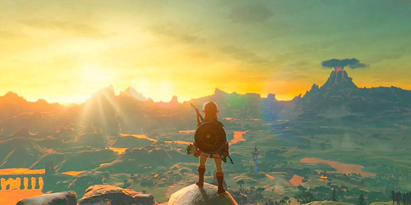 Link looking to Hyrule landscape in Breath of the Wild Image