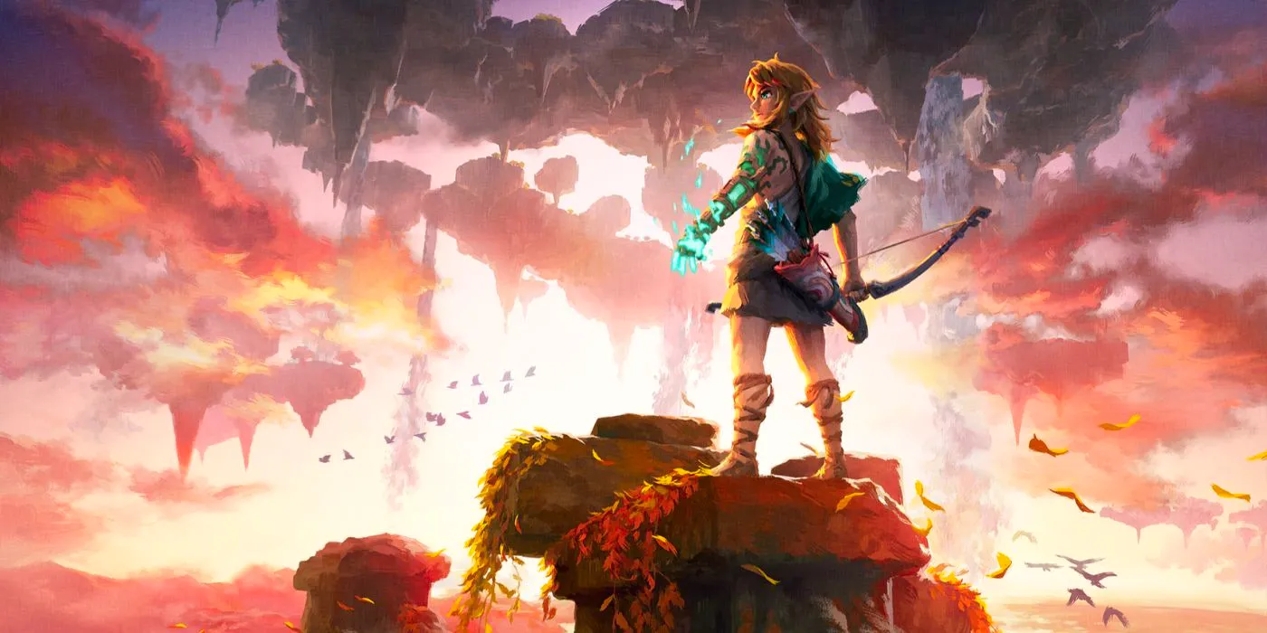 Link standing on a pillar with his bow in The Legend of Zelda: Tears of the Kingdom. Image