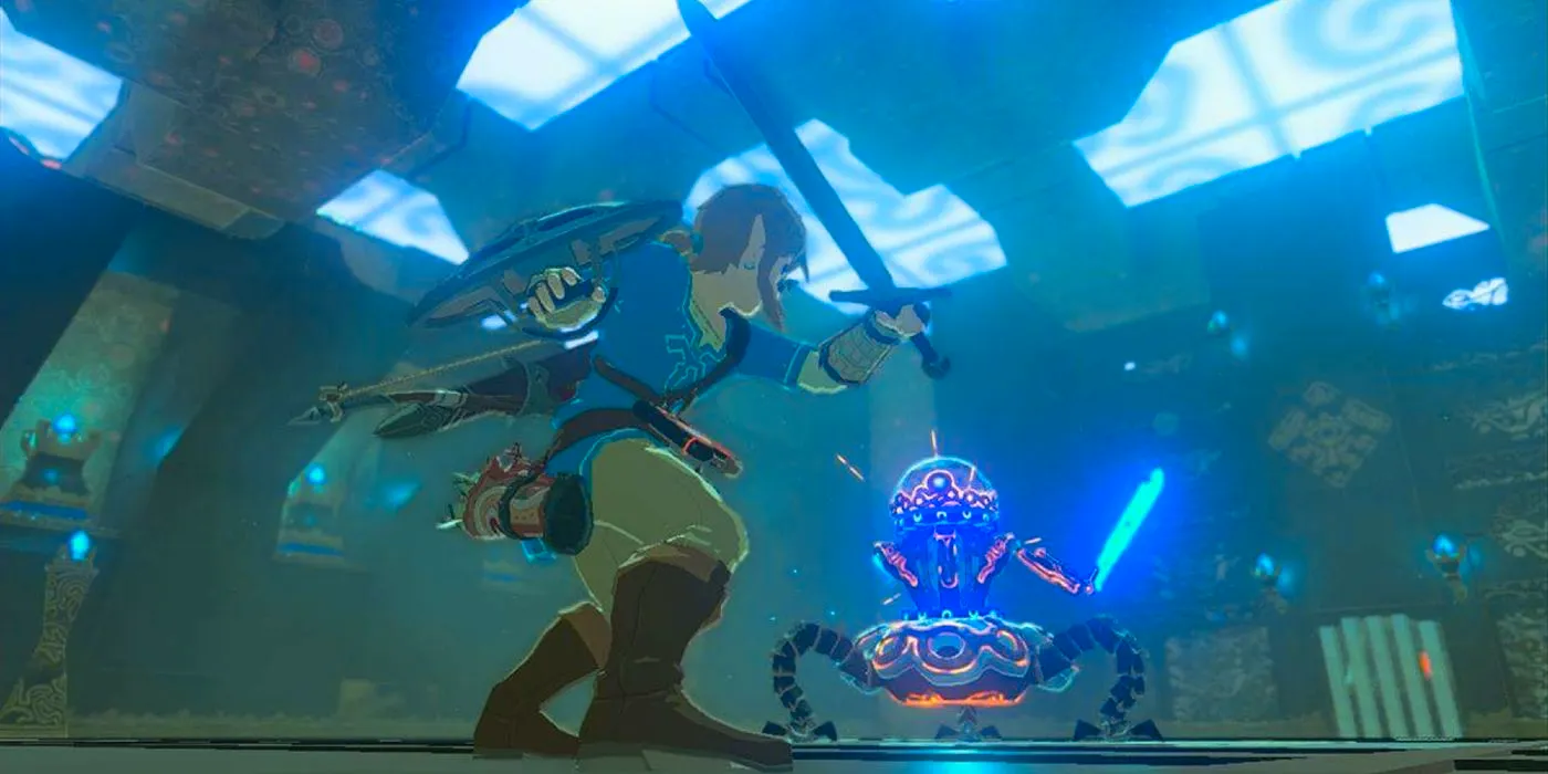 Link swinging a sword at an Ancient Guardian inside a Shrine in Legend of Zelda: Breath of the Wild Image