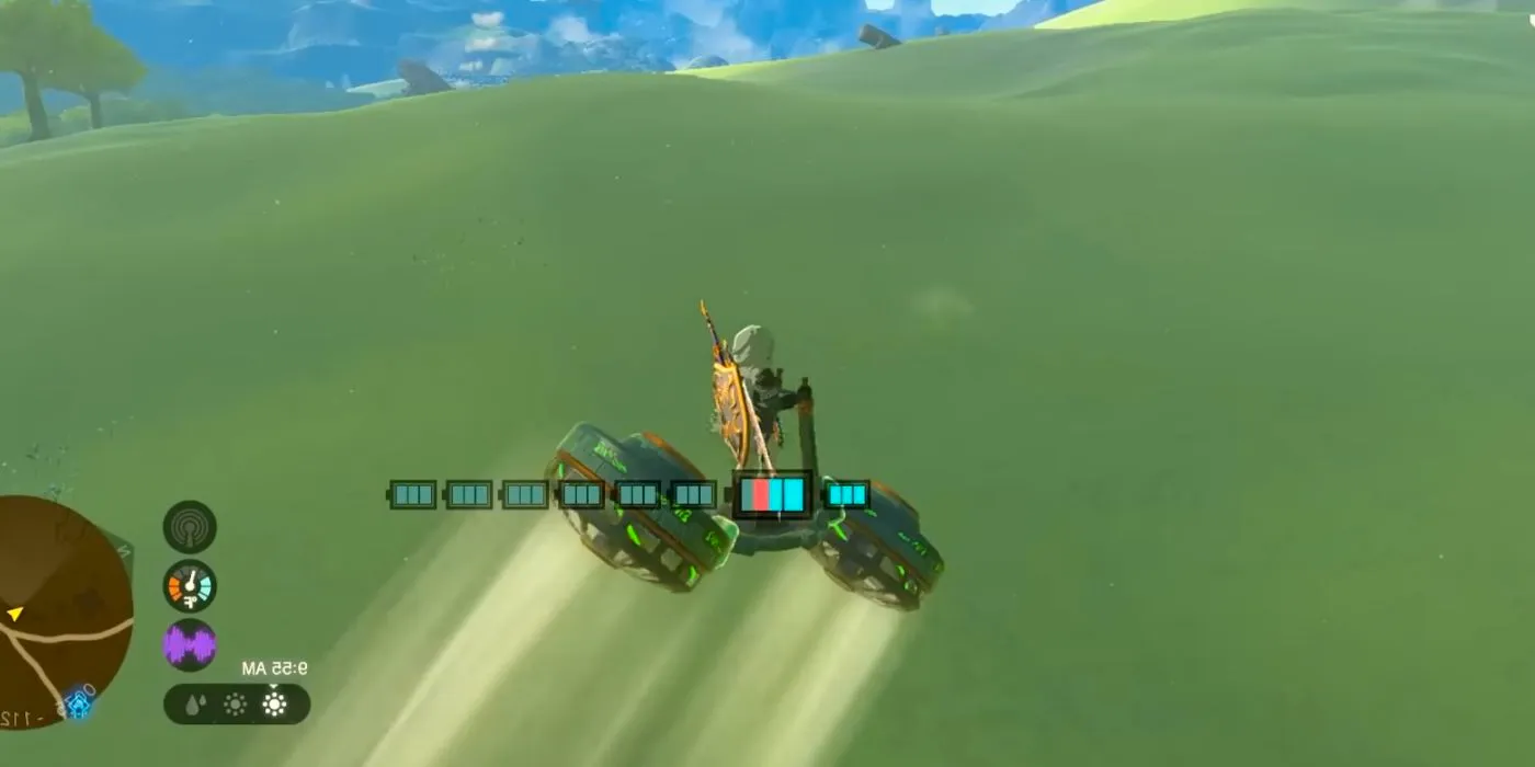 Link using an air bike in Tears of the Kingdom, hovering over a grassy field. Image