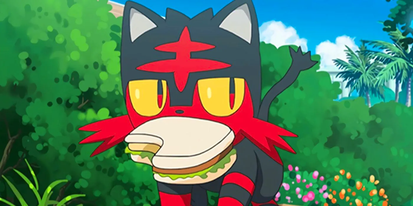 Litten stealing a sandwich in the Pokémon anime Image