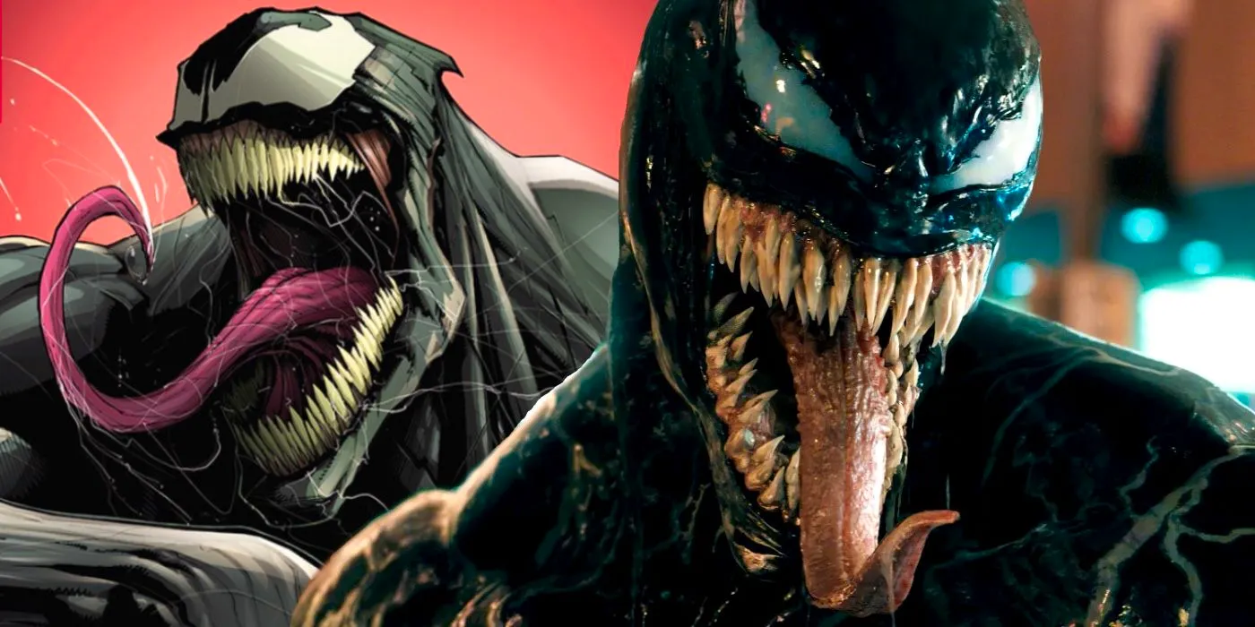 Live-action Venom and comic Venom sticking out slimy tongues Image