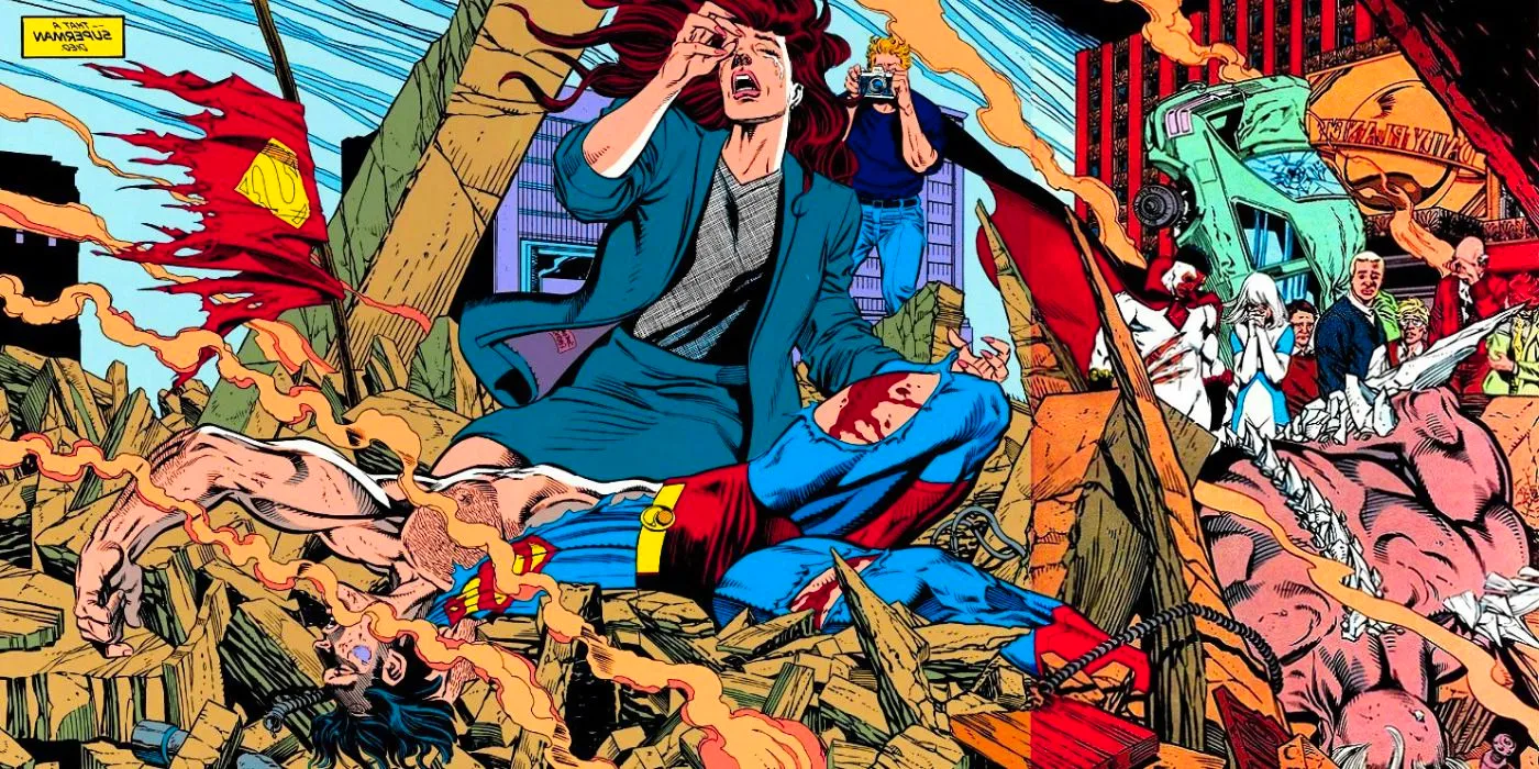 Lois Lane stands over dead Clark Kent in 