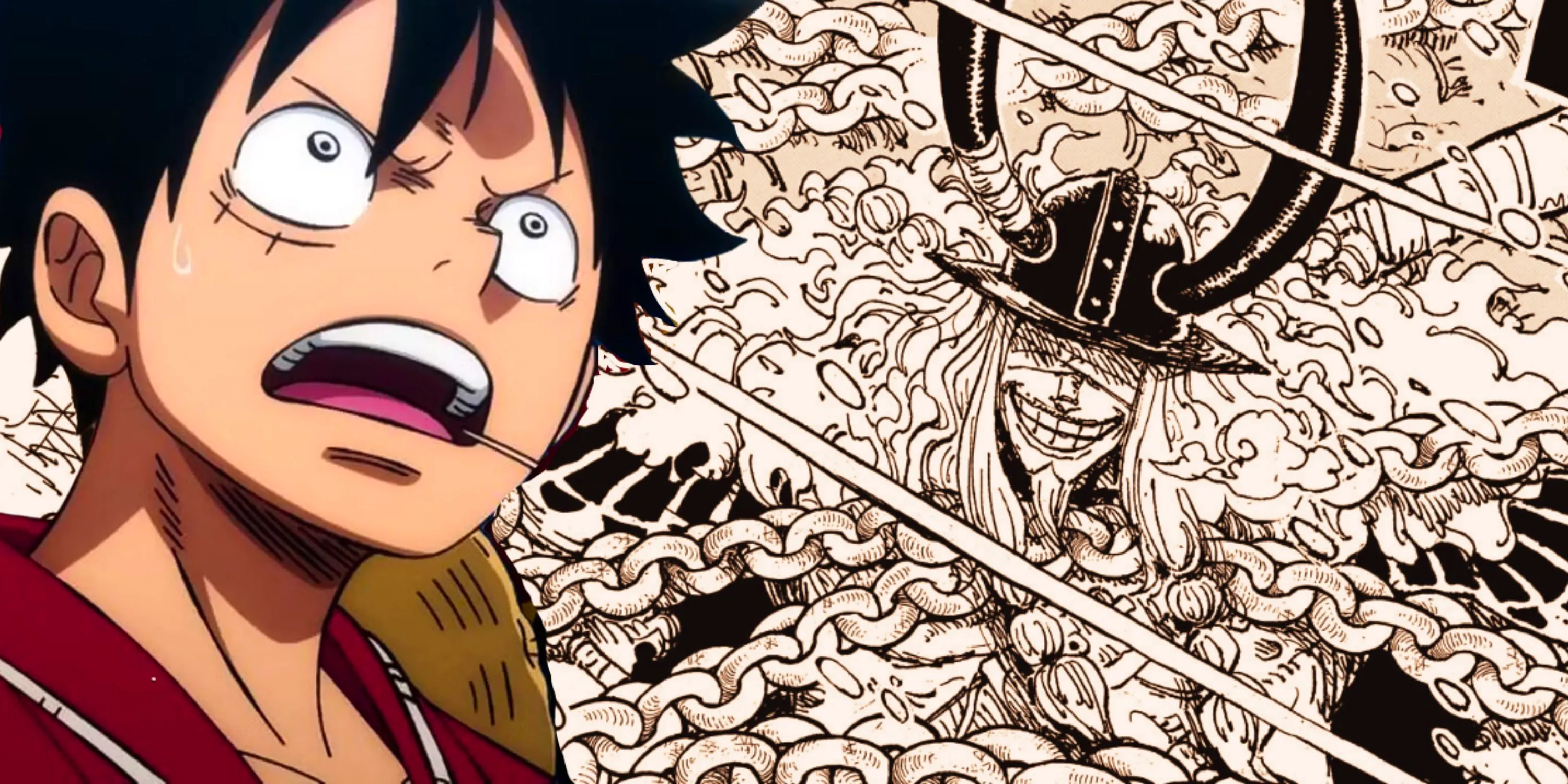 Loki from the manga in the background with Luffy worried in the front Image