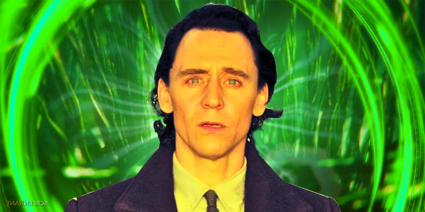 Loki season 2 shot of Tom Hiddleston looking emotional and surprised opposite the green background from the series finale Image