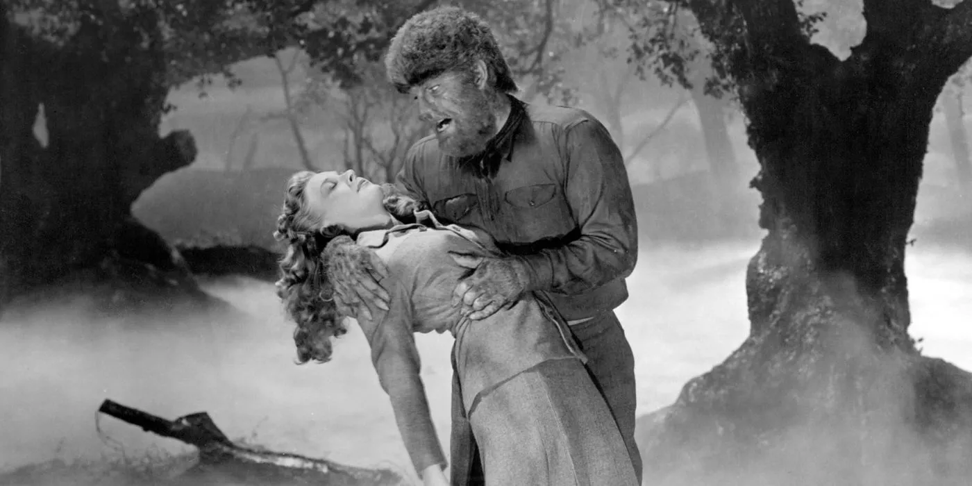 Lon Chaney Jr. in The Wolf Man holding up Gwen (Evelyn Ankers) Image