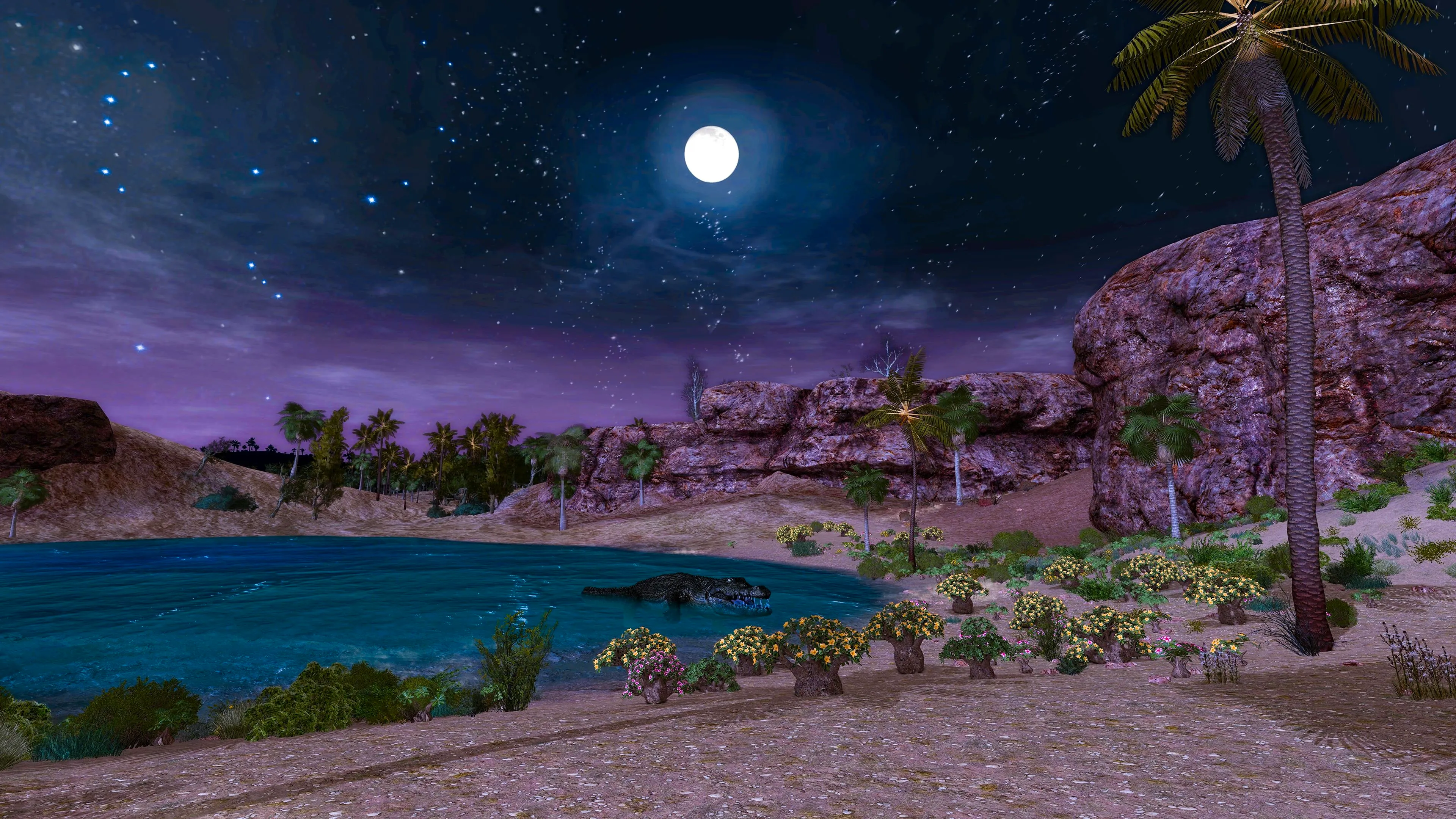 Lord of the Rings Online Legacy of Morgoth screenshot of an eerie lake with a purple sky. Image