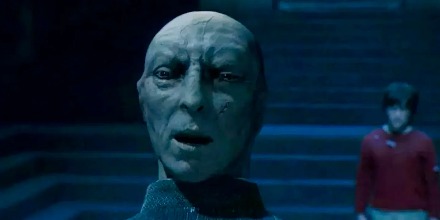 Lord Voldemort on the back of Quirrell's head in Harry Potter. Image