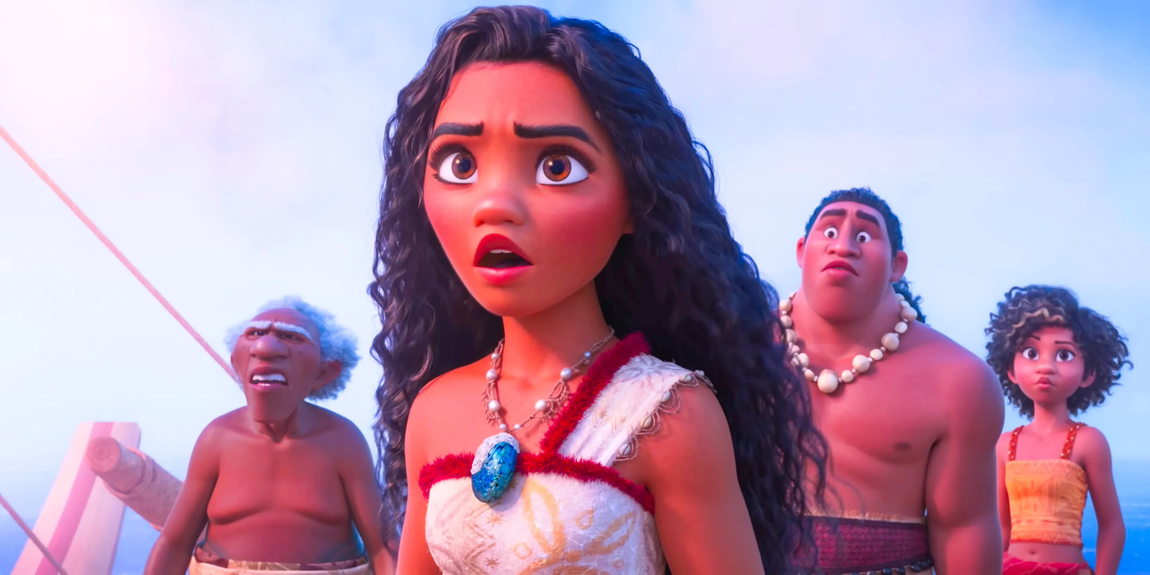 Loto, Moni, Moana and Kele looking shocked at something in Moana 2 Image