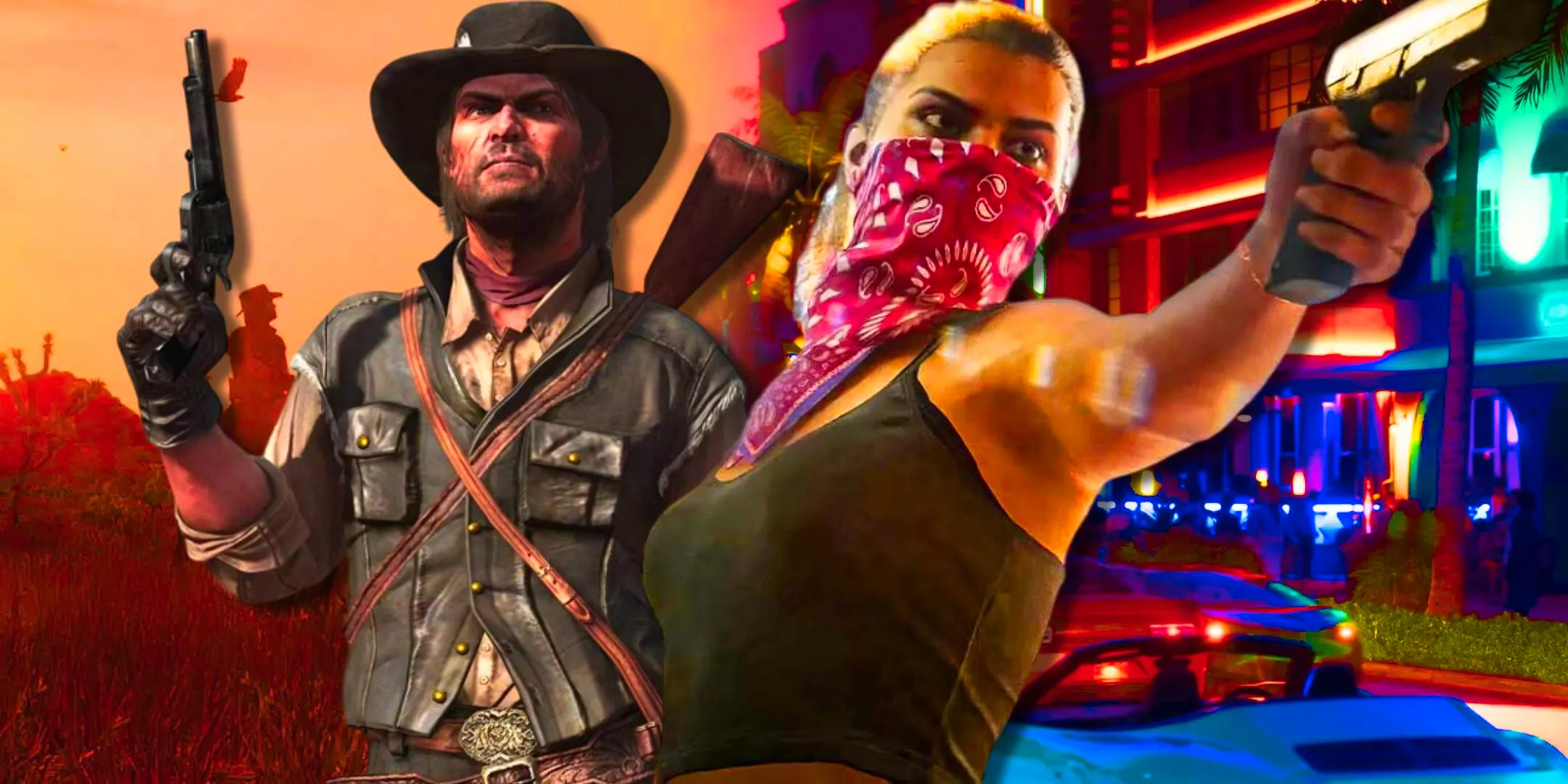 Lucia from GTA 6 on the left and John Marston from Red Dead Redemption on the right. Image