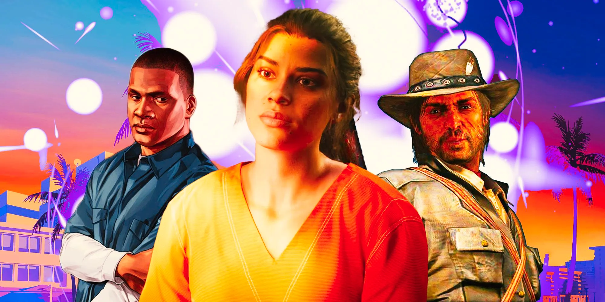 Lucia from GTA 6 with Franklin from GTA5 and John Marston from RDR1 Image