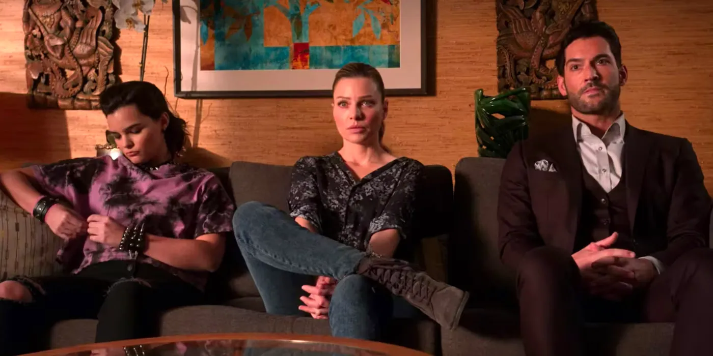 Lucifer, Chloe, and Rory on Dr. Linda Martin's couch in Lucifer Image