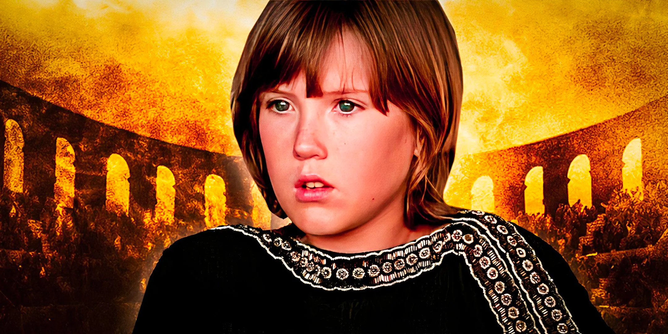 Lucius Verus II (Spencer Treat Clark) in Gladiator in front of a yellow image of the Colosseum Image