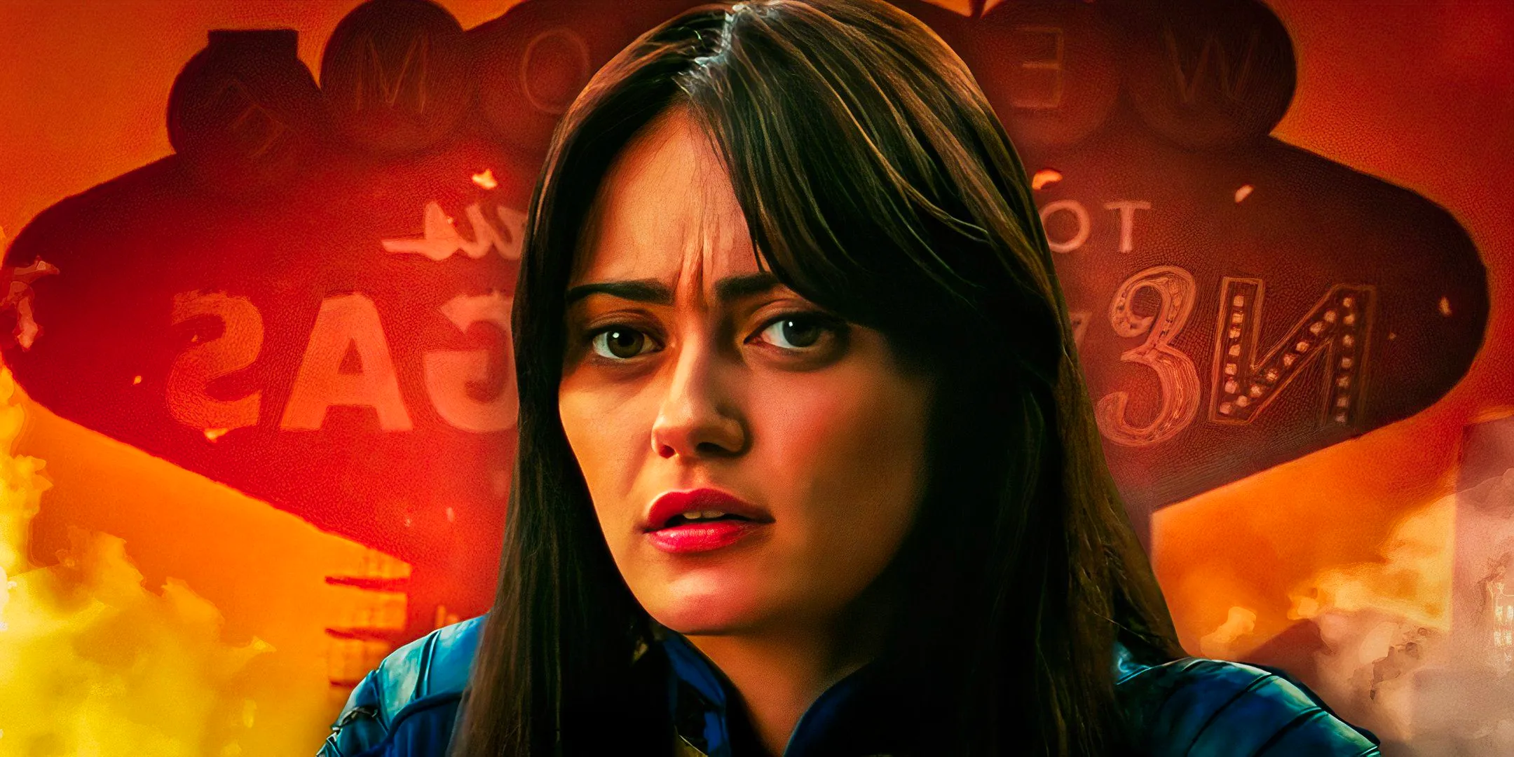 Lucy MacLean (Ella Purnell) looking worried in front of the sign for New Vegas in the Fallout TV show Image