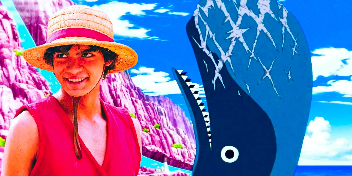 Luffy from Netflix's One Piece in front of Laboon the Whale and Reverse Mountain from the One Piece Anime Image