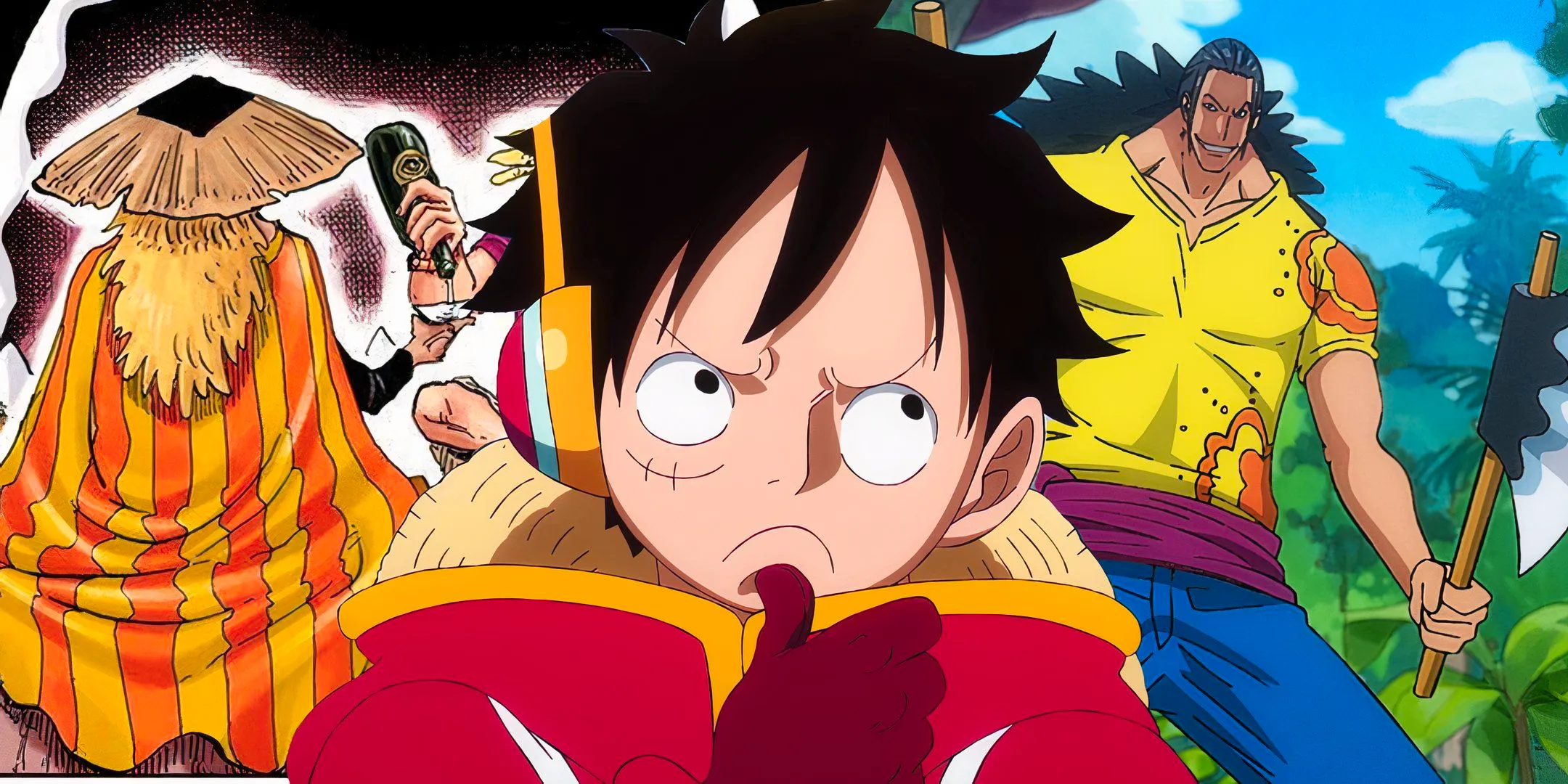 Luffy from one piece as seen on egghead with his thumb on his chin in deep thought with a young scopper gabban in the background to the left and a cloaked figure wearing a hat from a cover story to the right Image