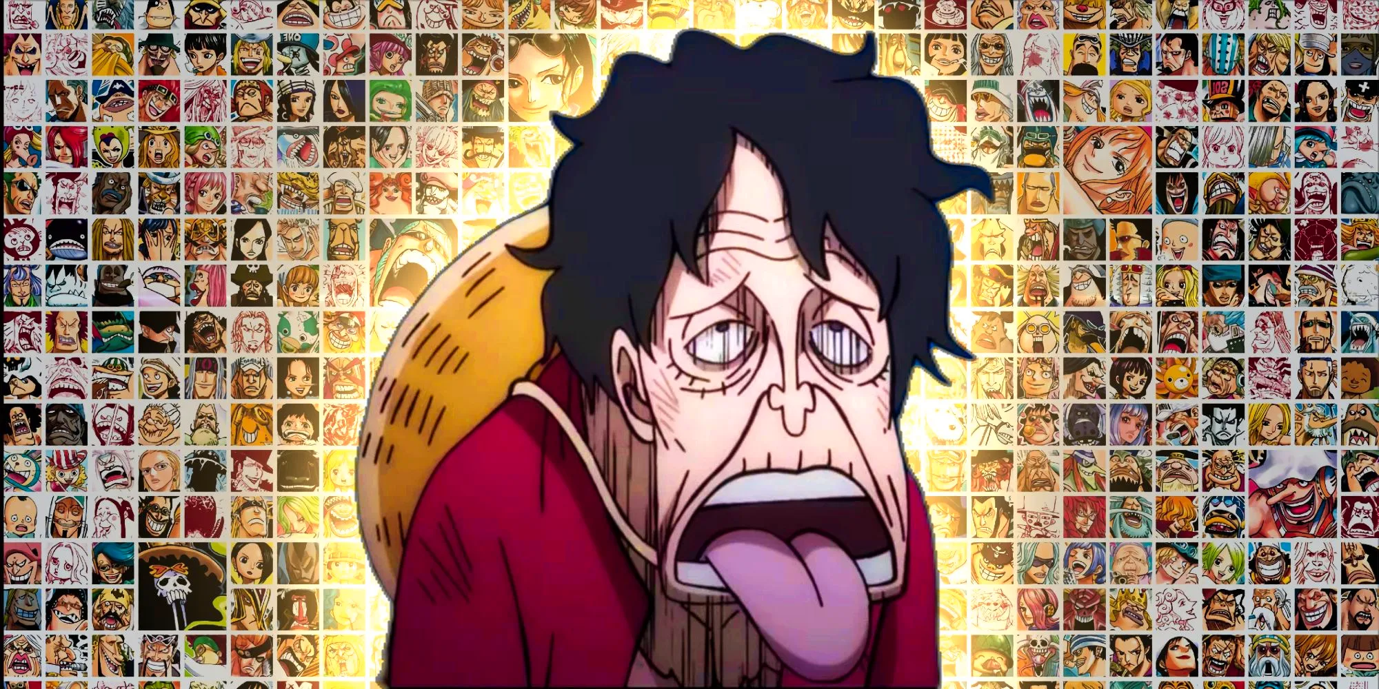 Luffy from One Piece looking tired against a background of several faces from the series Image