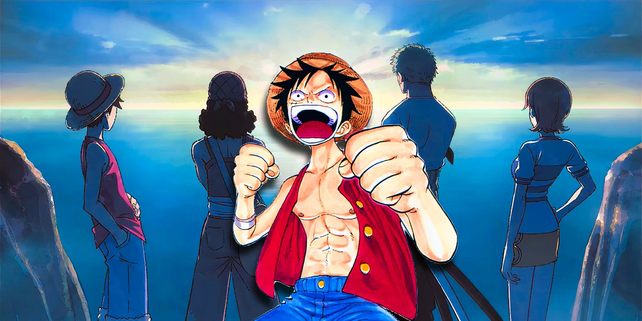 luffy from the manga striking a pose against a backdrop consisting of concept art of the straw hats from the one piece remake Image