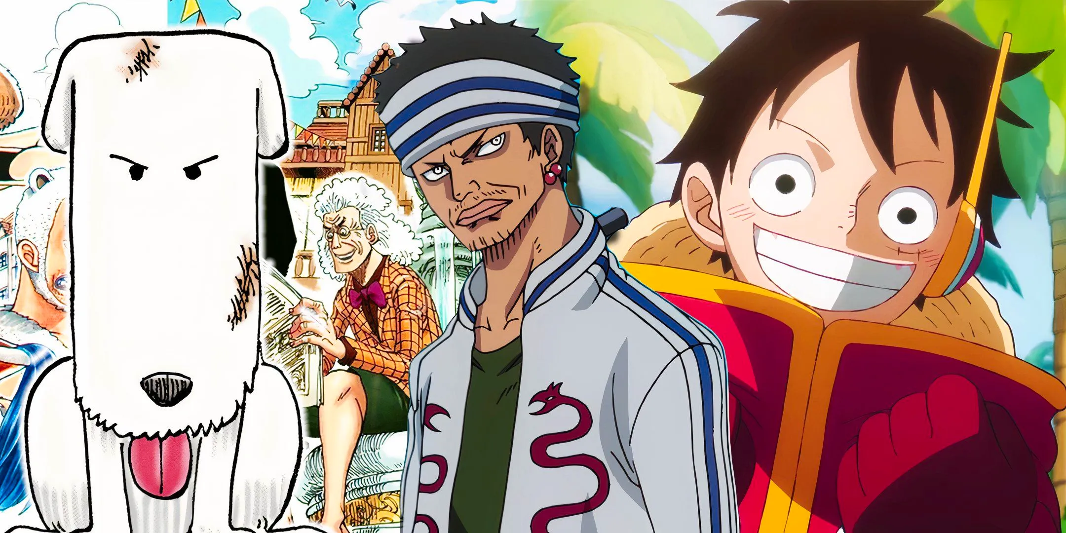 Luffy Gin and Chou Chou from One Piece with gin in the center,, luffy smiling to the left and chouchou as seen in the manga with his tongue sticking out to the right Image