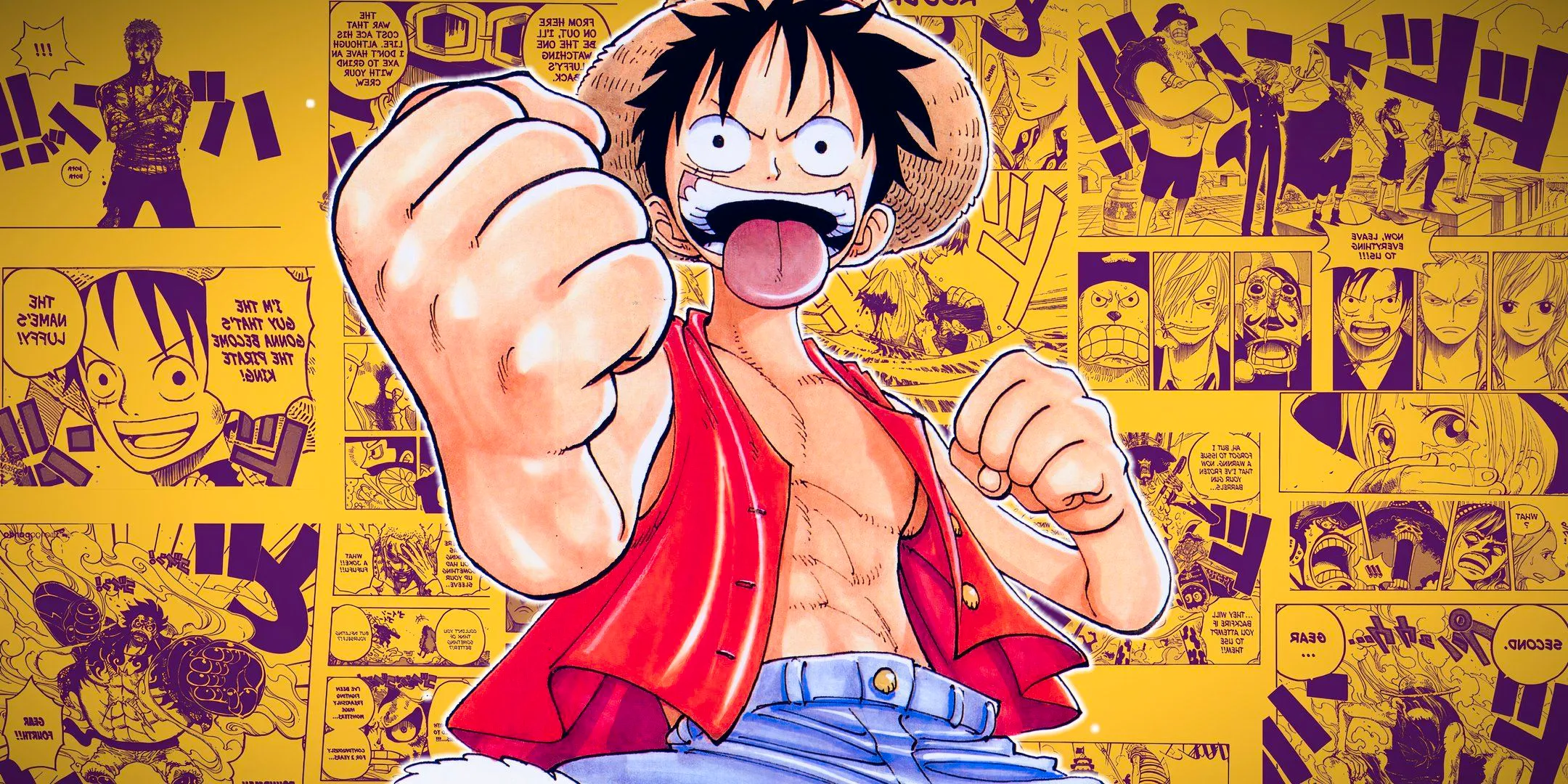 luffy holding up a fist sticking his tongue out with manga panels from One Piece in the background Image