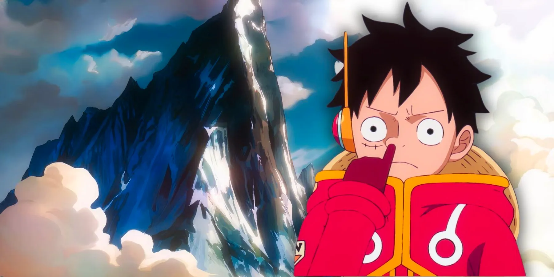 Luffy in his Egghead outfit poking his nose as a glimpse of Elbaf is in the background. Image