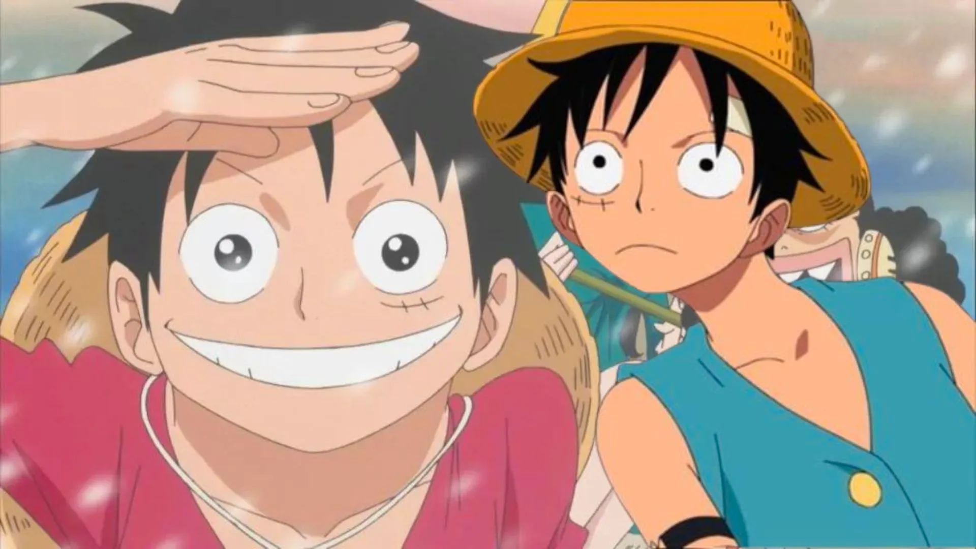 Luffy leaning on the right side with a Luffy on the background looking over with sparkling eyes Image