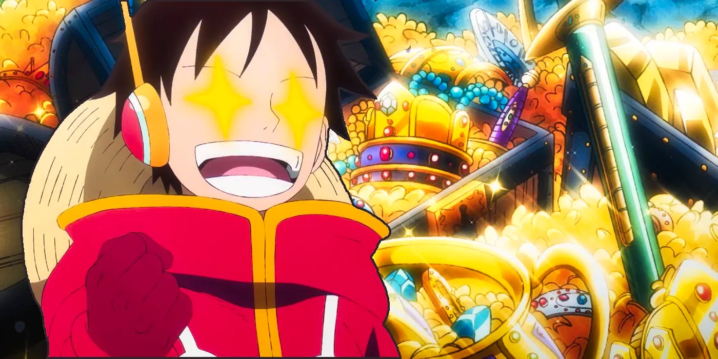 Luffy looking excitedly at a pile of treasure with stars in place of his eyes wearing his egghead outfit from One Piece Image