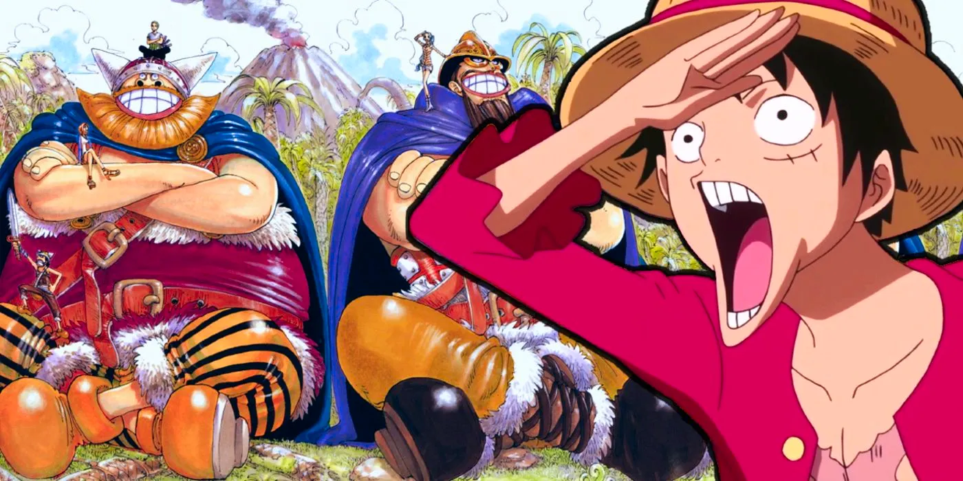 Luffy looking excitedly towards Dorry and Broggy as seen during Little Garden in One Piece Image