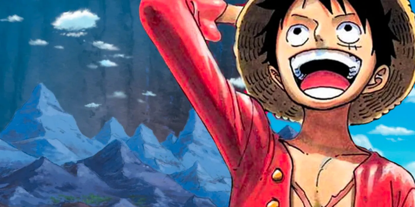 Luffy looking up excitedly towards the coast of Elbaf Image