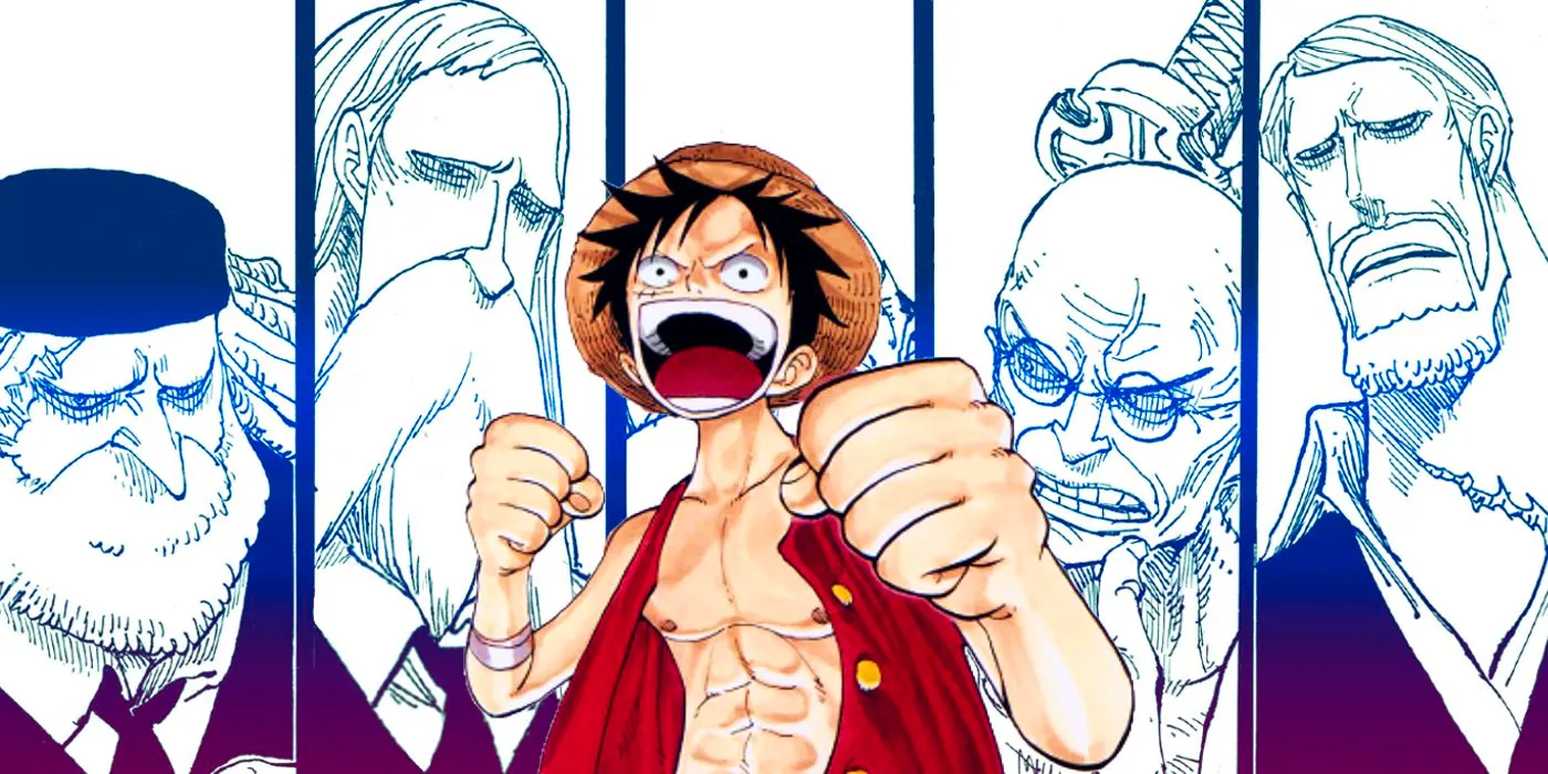 luffy with his fists raised, ready to fight with the five elders in the background in one piece Image