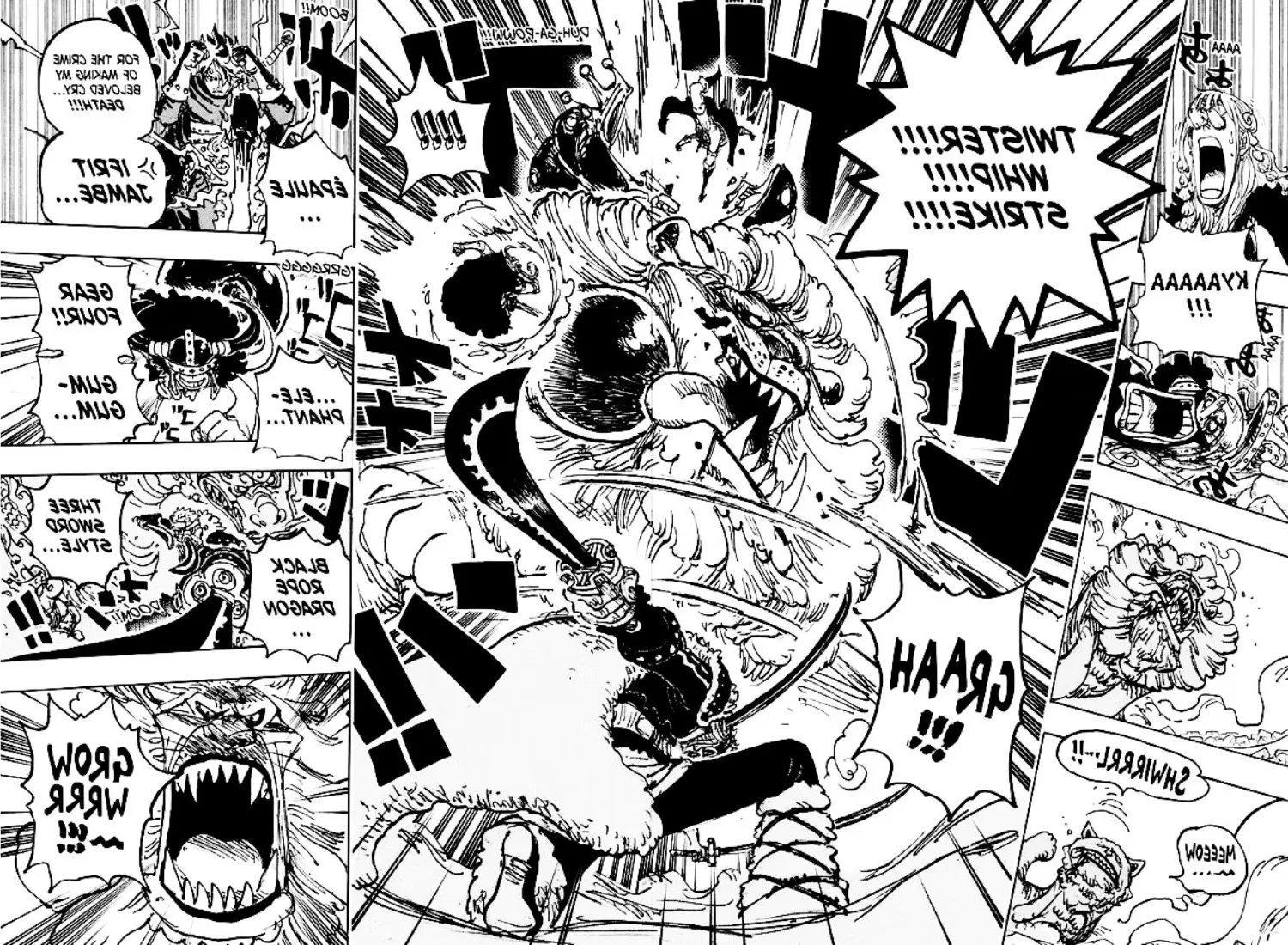 Luffy, Zoro, and Sanji unleashing attack on Lion-type monster Image