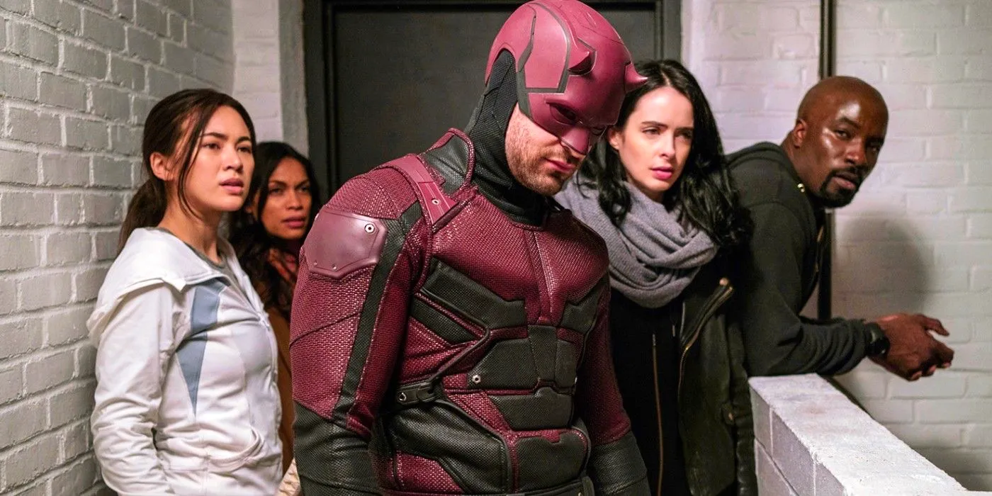 Luke Cage, Jessica Jones, Daredevil, Claire Temple, and Colleen Wing in The Defenders Image