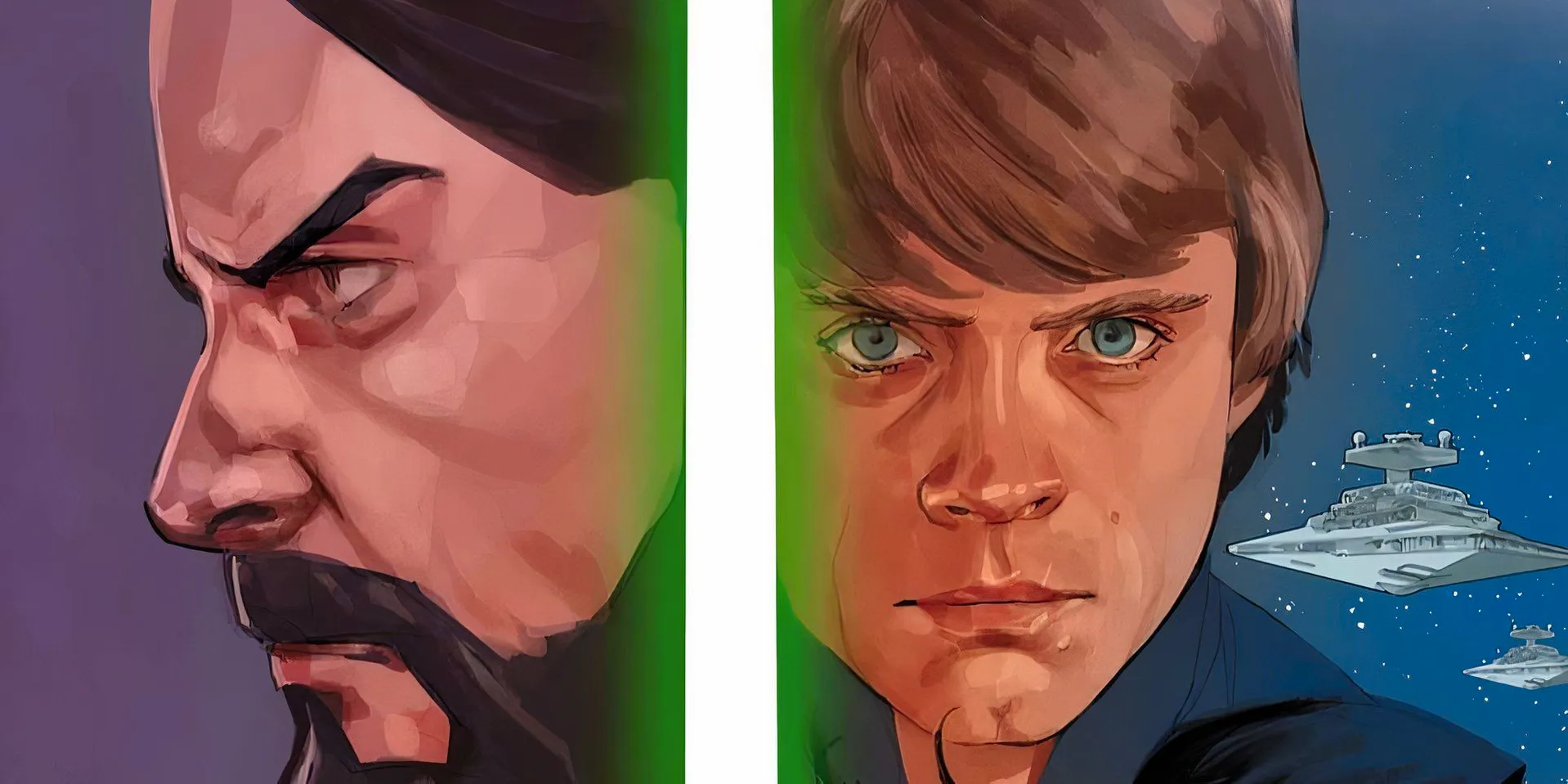 Luke Skywalker and Ubrik Adelhard are divided by Luke's green lightsaber. Image