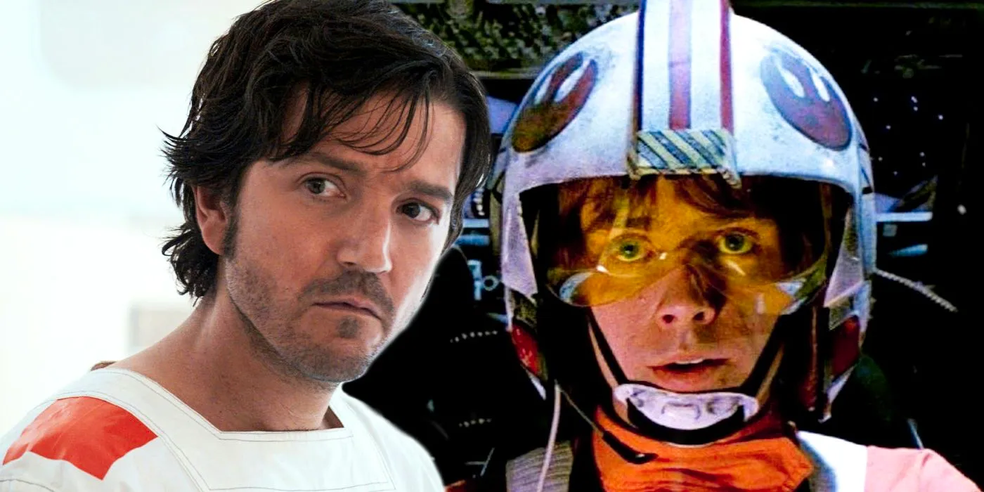 Luke Skywalker in his X-Wing from Star Wars: A New Hope and Cassian Andor on Narkina 5 in Andor Image