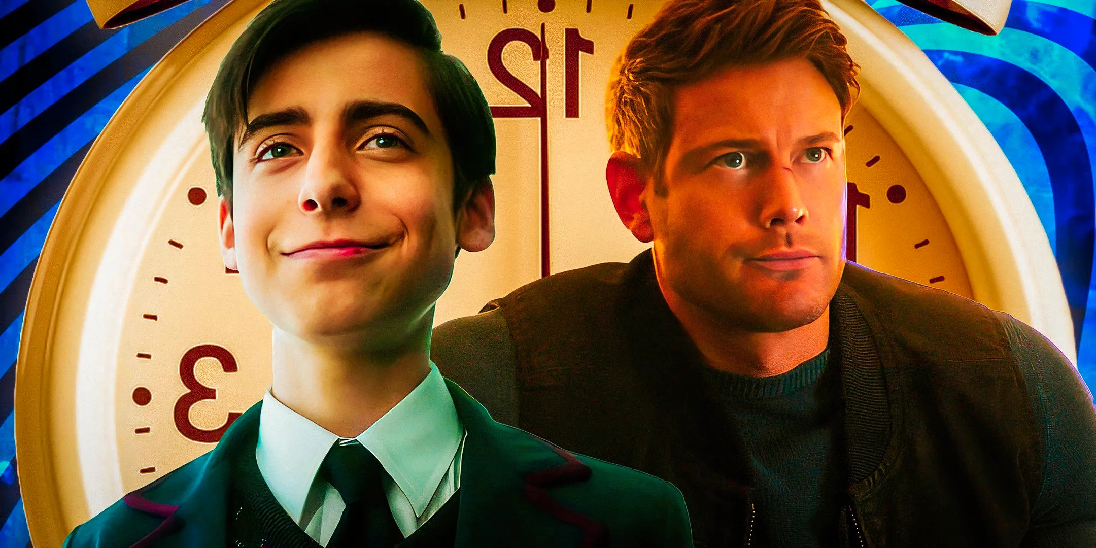 Luther (Tom Hopper) looking unamused and Five (Aidan Gallagher) smirking in The Umbrella Academy season 4 with a clock behind them Image